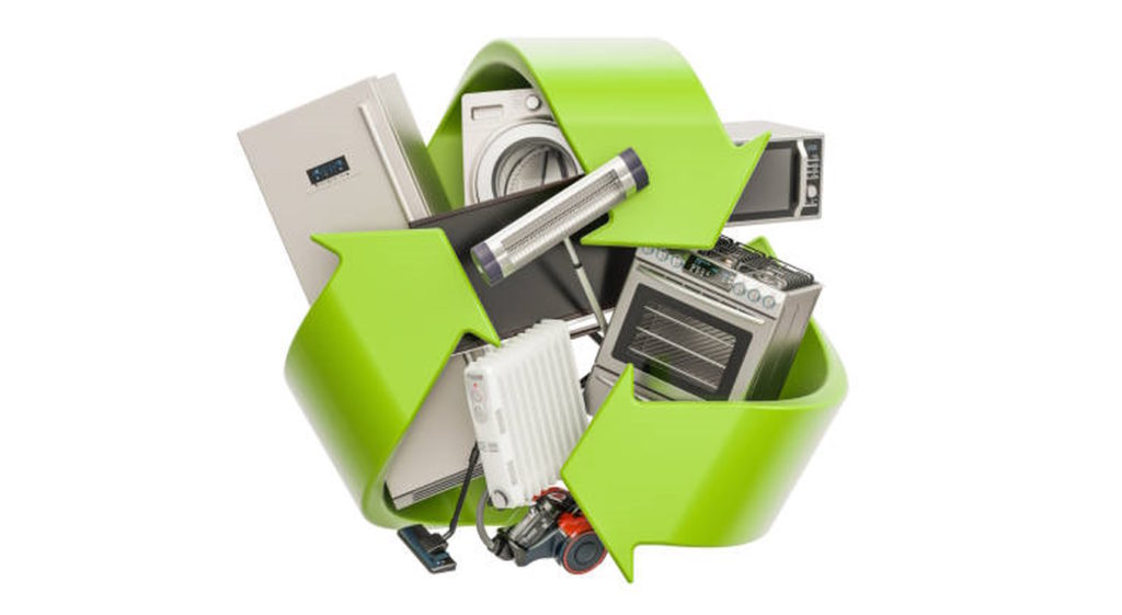 Green recycle symbol with household appliances, 3D rendering