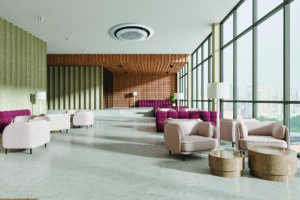 Stylish,Lobby,Interior,With,Burgundy,Sofa,,Armchairs,And,Coffee,Table